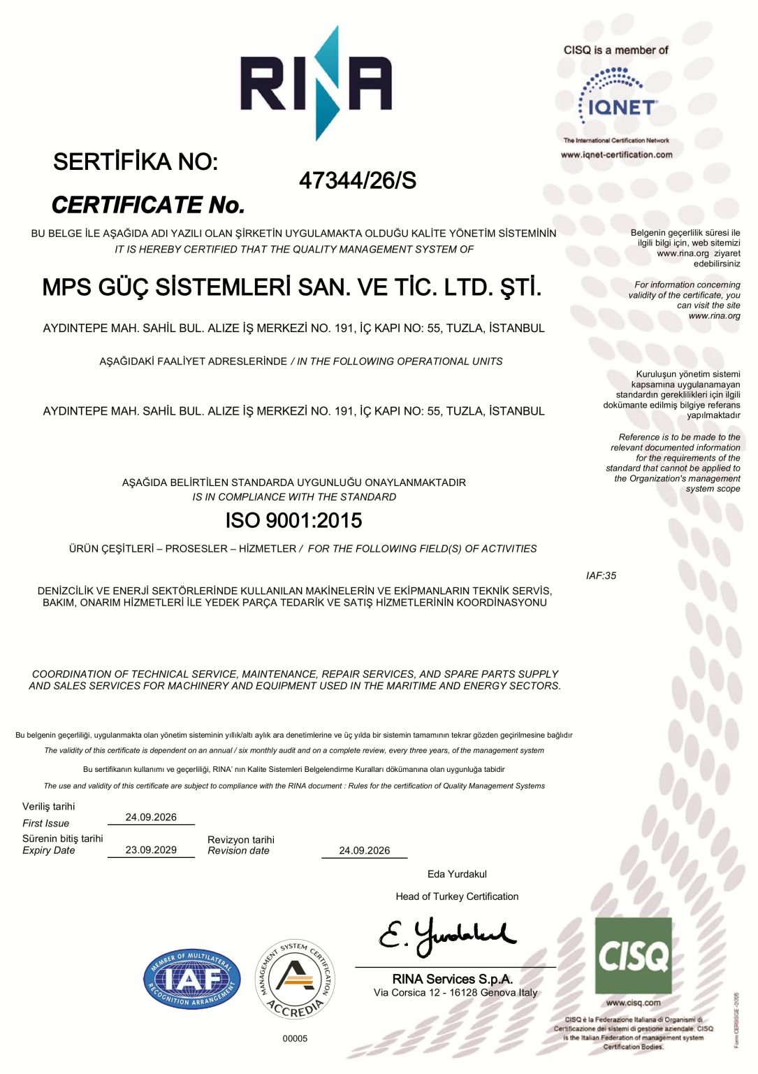 RINA ISO 9001:2015 Kalite Yönetim Sertifikası - MPS Güç Sistemleri